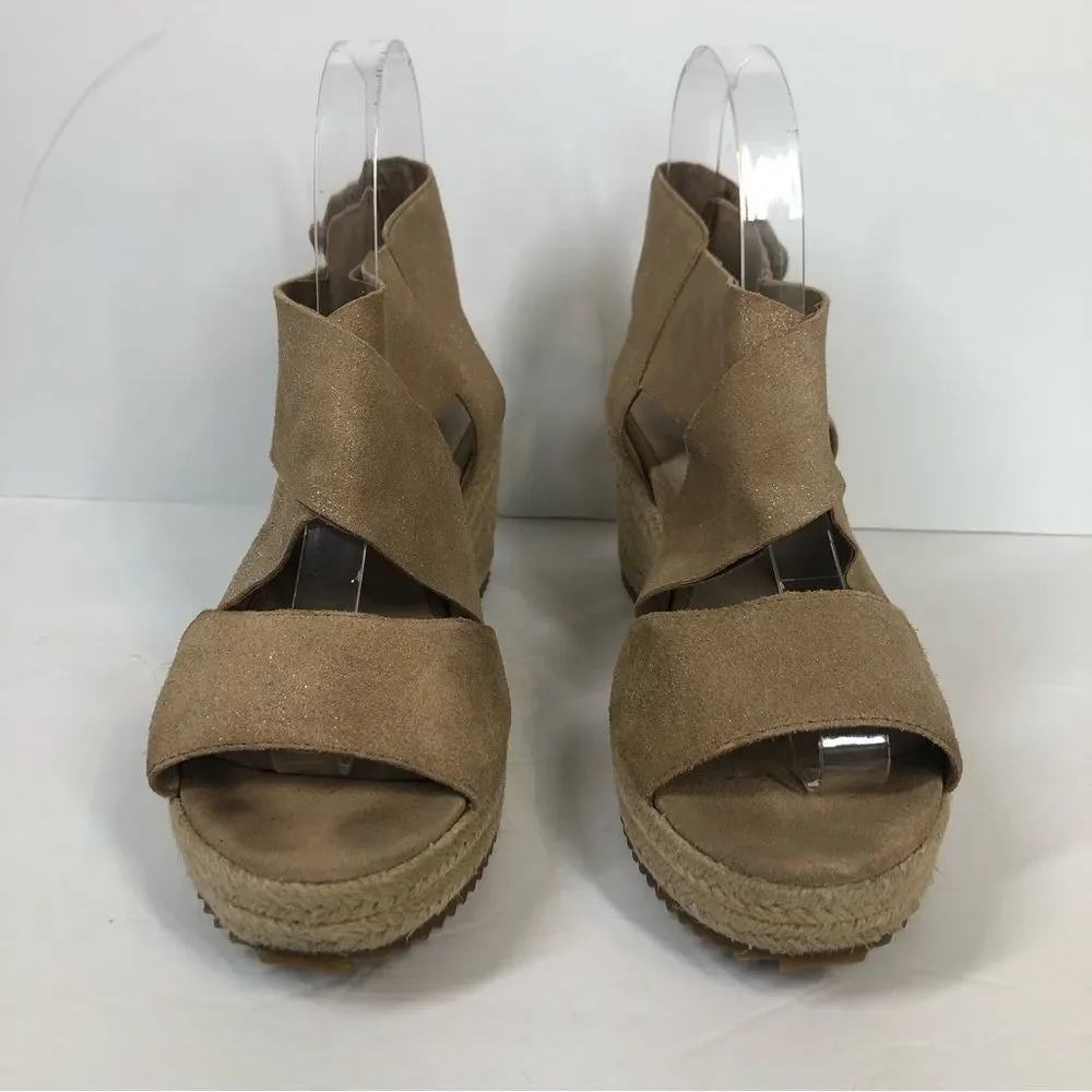 Eileen Fisher Willow Tumbled Leather Wedge Espadrille Sandals Shoes Tan 7.5